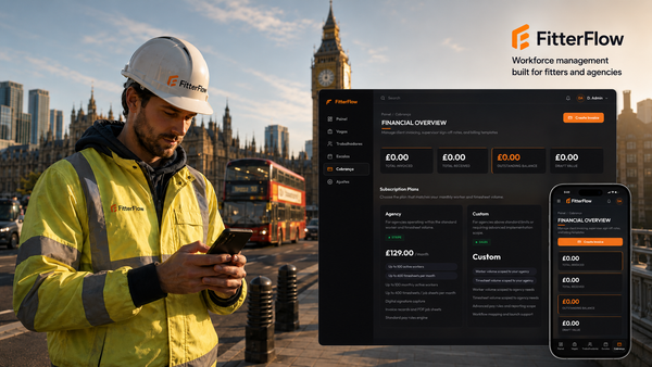 Profissional em Londres usando o FitterFlow para gerenciar jobs, timesheets, assinaturas e invoices de agências no Reino Unido.