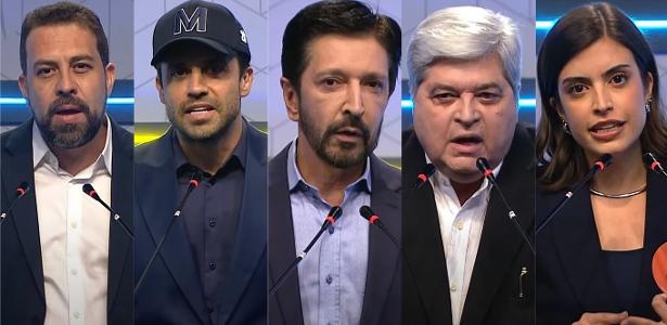 Candidatos à Prefeitura de São Paulo em debate: da esq. para a dir., Guilherme Boulos, Pablo Marçal, Ricardo Nunes, Datena e Tabata Amaral